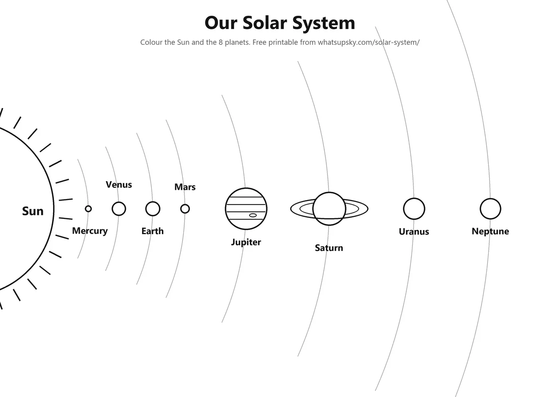 Solar system drawing for kids: the Sun and the 8 planets in order on their orbits, outline to colour in